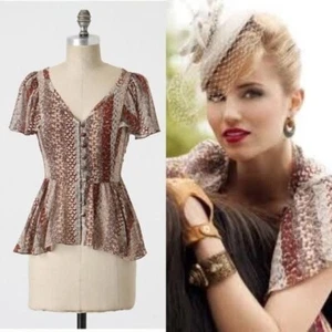 Top Anthropologie Odille para mujer talla 4 anual de marcha seda marrón peplum - Imagen 1 de 9