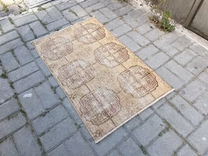 VINTAGE ART DECO HAND KNOTTED OUSHAK WOOL HANDMADE TURKISH BATHROOM DOOR MAT RUG - Picture 1 of 9