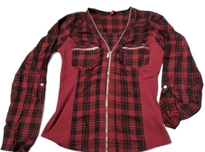 Guess Grunge Miracle Zipper Shirt Women’s M Red & Black Plaid Fitted Silhouette - Picture 1 of 4