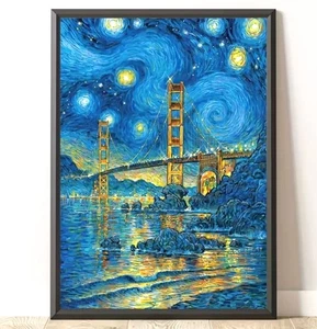 Art Canvas Starry Sky Golden Gate Bridge Canvas Art Retro Nighttime 16 x 24” - Picture 1 of 2