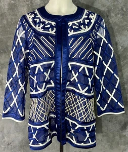 Chico's Blue & White Semi Sheer Ribbon Trim Jacket sz 2 (15466) - Picture 1 of 6