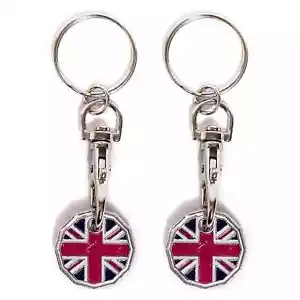 New 2 x UNION JACK ONE POUND COIN TOKEN KEYRING GB SHOPPING TROLLEY KEYRING - Picture 1 of 3