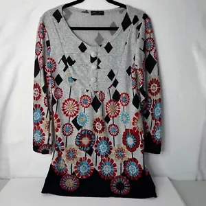 Ladys World Free Size Retro Floral & Diamond Pattern Long Sleeve Tunic Dress - Picture 1 of 12