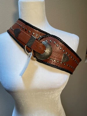 ¡NUEVO! Cinturón Western Ancho Dos Tonos Cuero Tachonado Negro Marrón ¡NUEVO CON ETIQUETAS! Foto 1 de 4