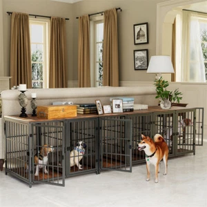 Extra Large Heavy-Duty Dog Crate Furniture End Table 4 Doors Wooden Cage Kennel - Picture 1 of 18