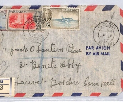 Cubierta de correo aéreo BARBADOS KGVI 12c FLYING FISH *BLACK ROCK* CDS 1953 Cornwall ZV91 Foto 1 de 4