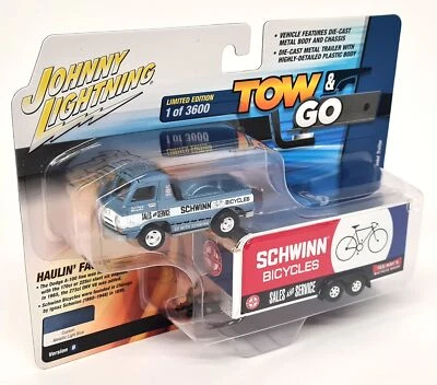 Johnny Lightning 1/64 Dodge A-100 Pickup Enclosed Trailer Schwinn Bikes Blue Van - Image 1 of 4