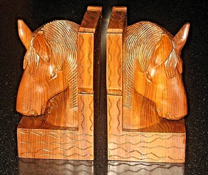 VINTAGE CARVED HARDWOOD - WESTERN HORSE HEADS BOOKEND PAIR SET - Picture 1 of 2