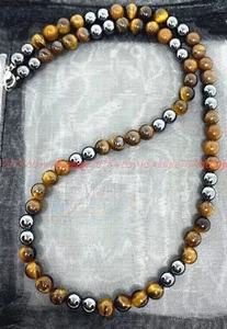 Collar de piedras preciosas redondas lisas de hematita ojo de tigre natural de 8 mm 16-36" para hombre - Imagen 1 de 12
