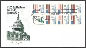 US FDC 1977 NATIONAL CAPITOL SCOTT #1623 $1 BOOKLET PANE ISSUED AT INTERPEX 77 - Picture 1 of 2