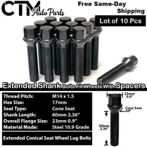 10x Black 14x1.5 Cone Seat Lug Bolt 60mm Shank Fit BMW & EU with 30-35mm Spacer - Picture 1 of 5