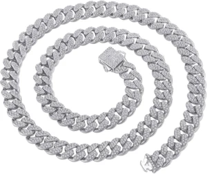 FEEL STYLE Cuban Link Chain Silver Iced Out Miami 10Mm 14Mm Curb Necklace Bling - Picture 1 of 12