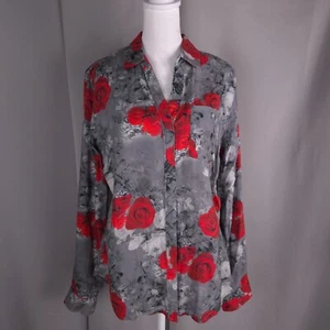 Womens Top Medium Red Rose Floral Blouse Y2K Grunge Tattoo Art Romantic - Picture 1 of 16