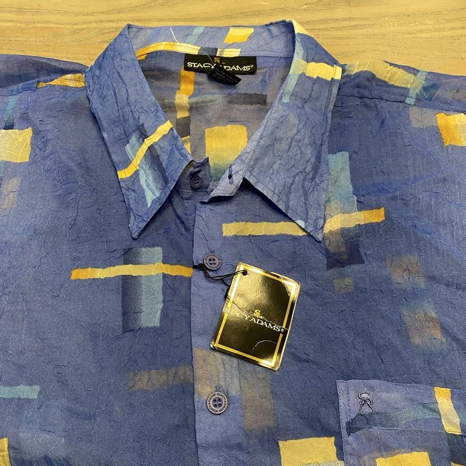NUEVA STACY ADAMS Camisa Azul Transparente Geométrica Abotonada Para Hombres 3XL Corta Slv Arrugada Foto 1 de 4