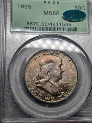 1955 Franklin Half Dollar 50C GEM+ OGH PCGS MS66 CAC Approved - Beautiful Tone! - Image 1 of 4