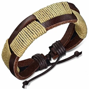 Bracelet ajustable double lanière en cuir chocolat entouré de corde sable - Imagen 1 de 1