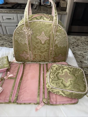 Juego de bolsa de viaje cosmética estuche tocador chinoiserie rosa y verde de colección años 605166 Foto 1 de 4