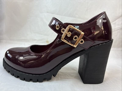 FOREVER-ACCEPT-BURGUNDY PATENT MARY JANES 3.5" Hi-Chunky Block Heel Women PUMPS - Image 1 of 4