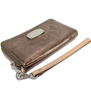 Michael Kors Nickel Metallic Monogram Wristlet Wallet Logo Zipper Plaque Bag - Picture 1 of 12