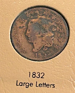 1832 Coronet Head Large Cent, Large Letters, Neat Toning, Well Used - Picture 1 of 6
