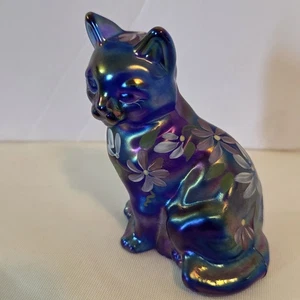 Vintage Fenton irisierende Glas Katze handbemalt Blumen Kunst Figur signiert S Davis - Bild 1 von 22