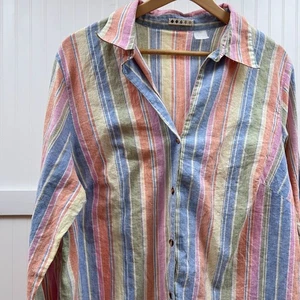 De colección 2X Para Mujer Arco Iris Pastel Abotonado Top Cuello Rayas Lino - Imagen 1 de 9