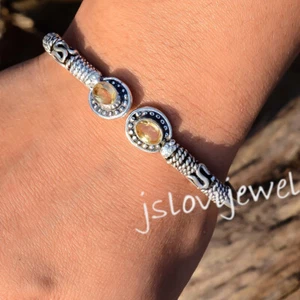 Citrine Oval Cut Multi Gemstone 925 Sterling Silver Vintage Style Cuff Bracelet - Picture 1 of 5