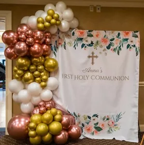 Pink Flowers First Holy Communion Photo Booth Backdrop (personalized: ANNA) - Picture 1 of 2