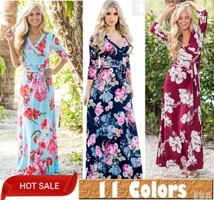 Damen Sexy Sommer Blumen Faux Wickel Langes Kleid Tiefer V-Ausschnitt Druck Maxi mit Gürtel - Bild 1 von 47