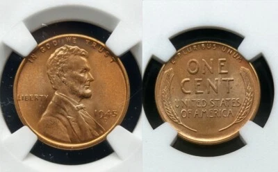 1945 D - NGC MS 66 RD Lincoln 1 Cent Penny US. - Image 1 of 4