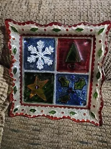 Christmas Stained Glass Effect Plate Snowflake 9x9" Embossed Christmas Table - Picture 1 of 10