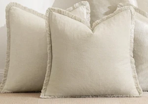 Pair Farmhouse Fringe Edge , Natural Beige Linen Pillow Covers ~ 20x20 (#A6) - Picture 1 of 3