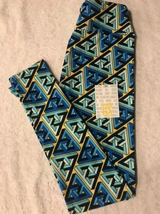 LulaRoe OS Leggings Blue Teal Yellow White Geometric Print  #60 - Picture 1 of 4