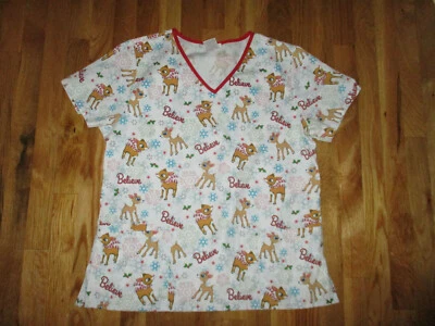 Ladies Rudolph the Red Nosed Reindeer Christmas Believe Clarice Scrubs Top Sz M - Image 1 of 4