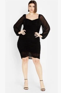 CITY CHIC Ruched Knee Length Long Sleeve Black MESH Dress Women PLUS Size XXL 24 - Picture 1 of 14