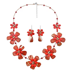 Red Jasper-Reconstructed Red Coral Floral Necklace-Earring Set - Picture 1 of 5
