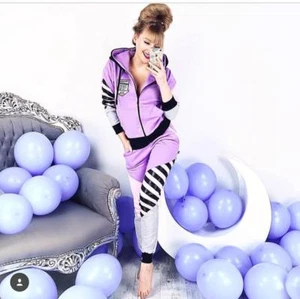 Trainingsanzug Sexy Damen 2-teilig Jogging Freizeitanzug Lila Rosa Streifen Hoodie - Bild 1 von 5