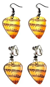 Aged Sheet Music Guitar Pick Pierced or Clip on Dangle Earrings (GP041) - Picture 1 of 3