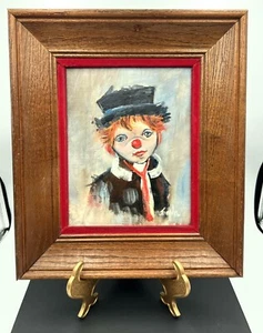 Olio su tavola vintage - Triste Clown Boy o Hobo velluto opaco MCM firmato 13x15 - Foto 1 di 7
