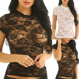 ¡Camiseta informal informal de encaje transparente de malla transparente para mujer - Imagen 1 de 30