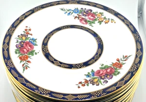 CROWN STAFFORDSHIRE 6436 COBALT BLUE AND FLORAL DINNER PLATE SET OF 12 - Picture 1 of 4