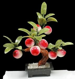 Jade Peach Bonsai Decor Hardstone Gemstone Tree Fruit Plant Feng Shui Prosperity