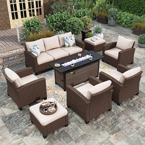 Patio Furniture Set Outdoor Wicker Rattan Sofa Conversation with Fire Pit Table - Picture 1 of 10