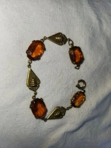Vtg art deco faceted amber glass brass metal 30s era bracelet victorian look #35 - Picture 1 of 4