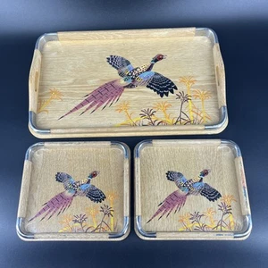 Set 3 vassoi da portata vintage MCM dipinti a mano quaglia uccelli nido legno metallo - Foto 1 di 17