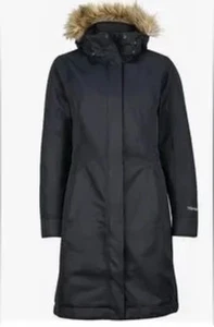Marmot Coat Womens XL Black 700 Fill Down Hooded Chelsea Parka Faux Fur - Picture 1 of 19