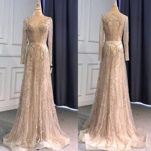 Champagnerfarben Langarm U-Ausschnitt Perlenstickerei Damen Braut Hochzeit Abendkleid - Bild 1 von 11