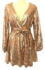 NEW Showpo Rose Gold Sequin Dress Size 8 Puff Long Sleeves and Flared Skirt - Picture 1 of 7
