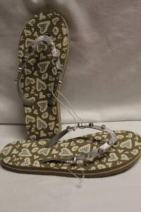 Womens Flip Flops Shoes Brown Silver Leopard Small 5 - 6 Summer Sandals Hearts - Picture 1 of 3