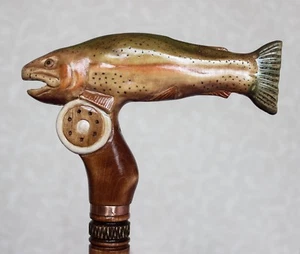 Bastón tallado bastón pez arco iris trucha madera hecho a mano bastón de madera pesca - Imagen 1 de 12